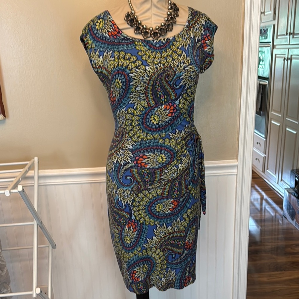Blue Paisley Sheath Dress with Cap Sleeves